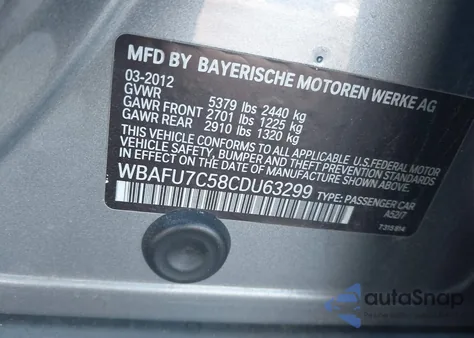 2012 BMW 535I xDrive z USA, uszkodzony, nr VIN WBAFU7C58CDU63299